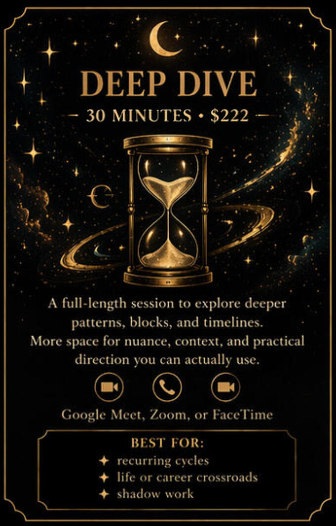 Deep Dive live tarot session, 60 minutes, $444